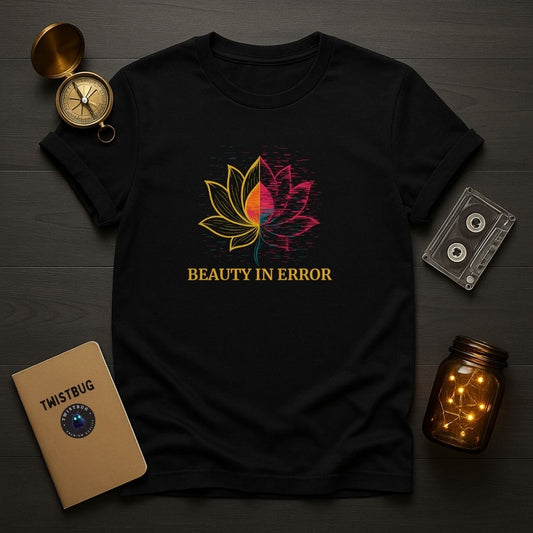 Flat lay of black “Beauty in Error” T-shirt beside Twistbug notebook, cassette, and jar lights on dark wooden desk.