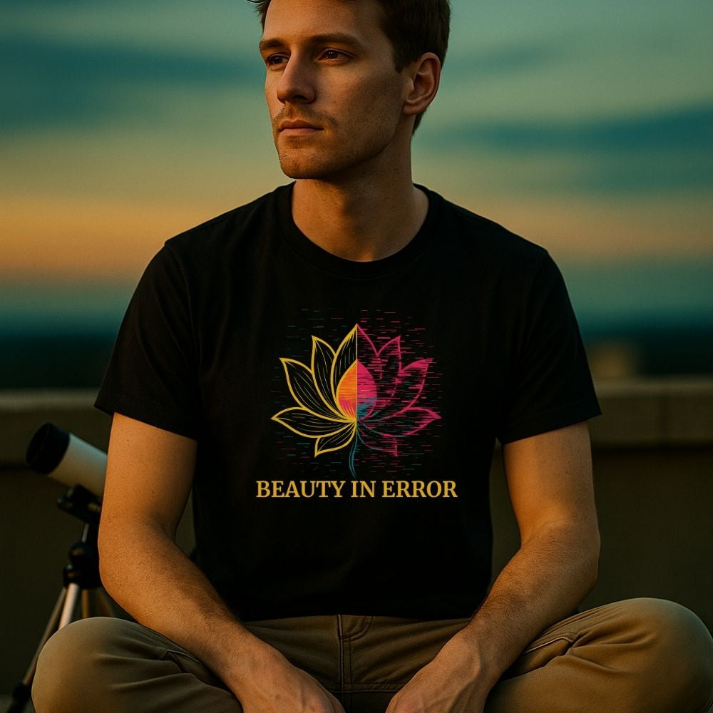 Man sitting at sunset wearing black “Beauty in Error” T-shirt with glitch lotus design, peaceful outdoor tone.