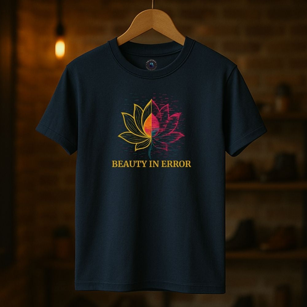 Navy “Beauty in Error” T-shirt on hanger featuring digital lotus glitch design, minimalist shop atmosphere.