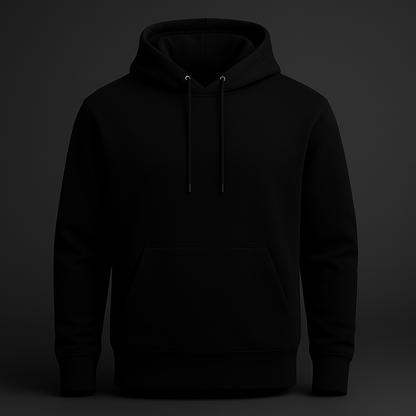 Plain black unisex hoodie in a dark studio background, clean front view for showcasing designs