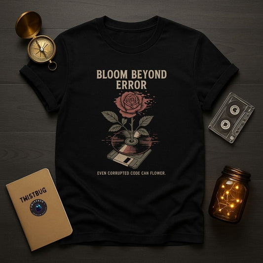 Bloom Beyond Error T-shirt in black — glitched rose blooming from floppy disk, text ‘Even corrupted code can flower’, flat lay with compass, cassette, and jar lights