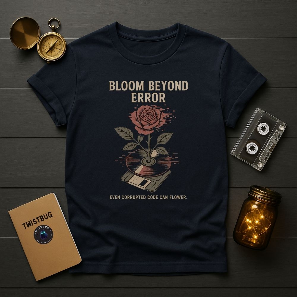 Bloom Beyond Error T-shirt in navy — surreal rose and floppy disk glitch design, text ‘Even corrupted code can flower’, flat lay with warm lighting