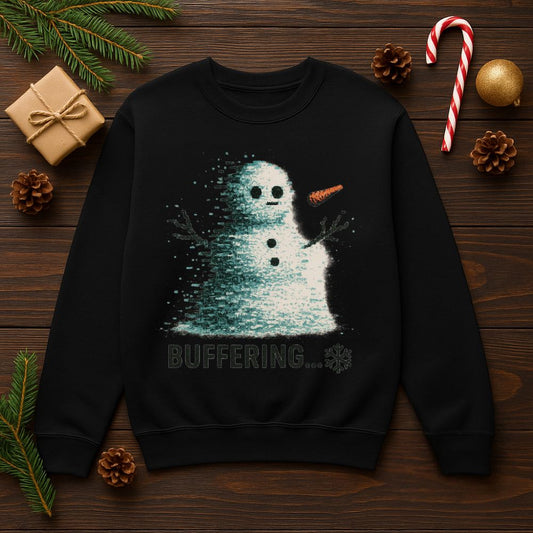 Black Buffering snowman glitch sweatshirt flatlay on a wooden table surrounded by pinecones, candy cane, and Christmas decorations.