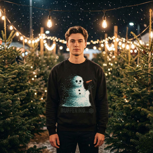 Male model standing in a Christmas tree lot at night wearing the black Buffering snowman glitch sweatshirt with snowfall and string lights