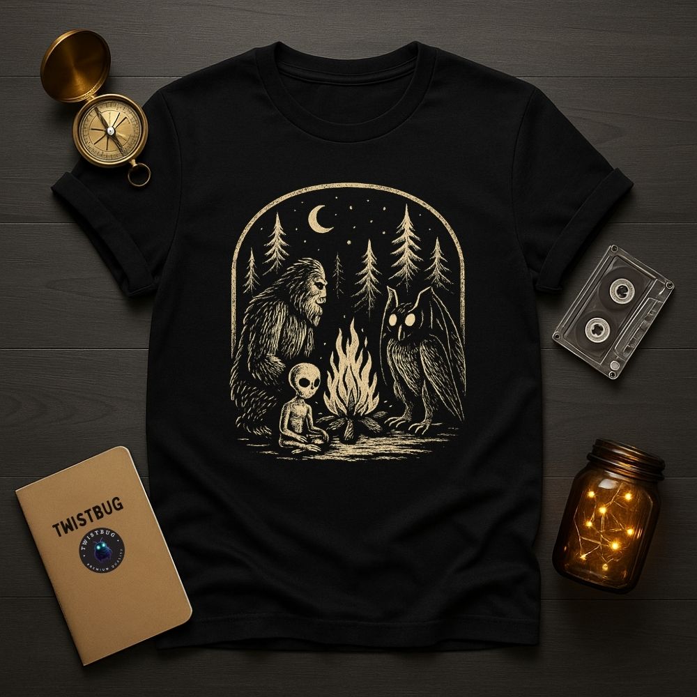 Black T-shirt with bone-ink campfire cryptids graphic; dark wood background with compass, cassette, notebook, and fairy-light jar.