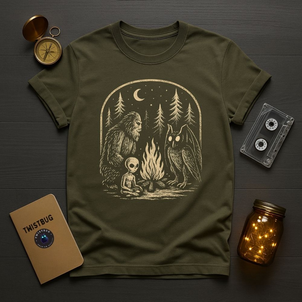 Olive green T-shirt displaying campfire cryptids woodcut print; styled with cassette, notebook, and jar lights on dark wood.