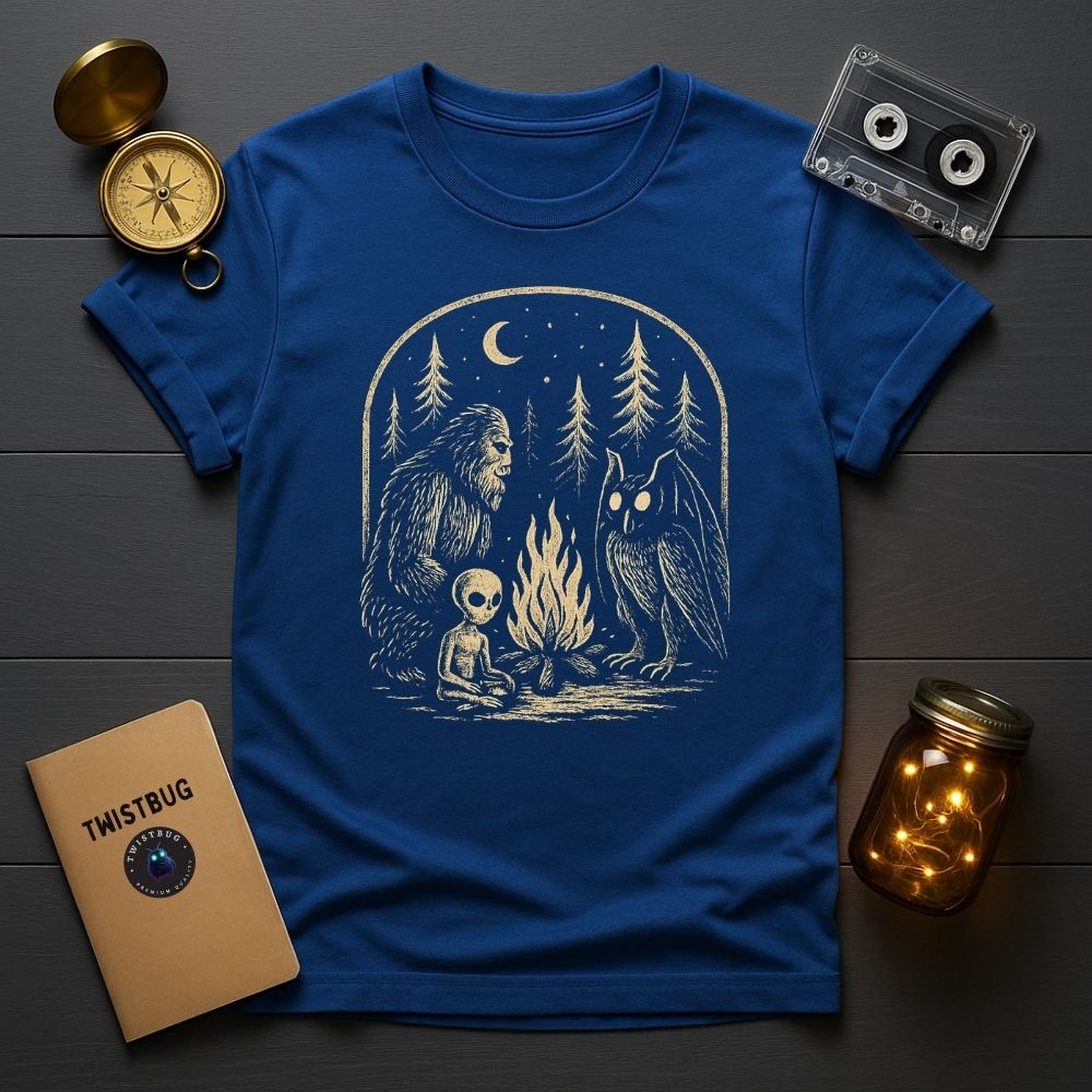 Royal blue T-shirt featuring the same campfire cryptids arched illustration in bone ink, flat lay with compass, cassette, notebook, and jar lights on dark wood.