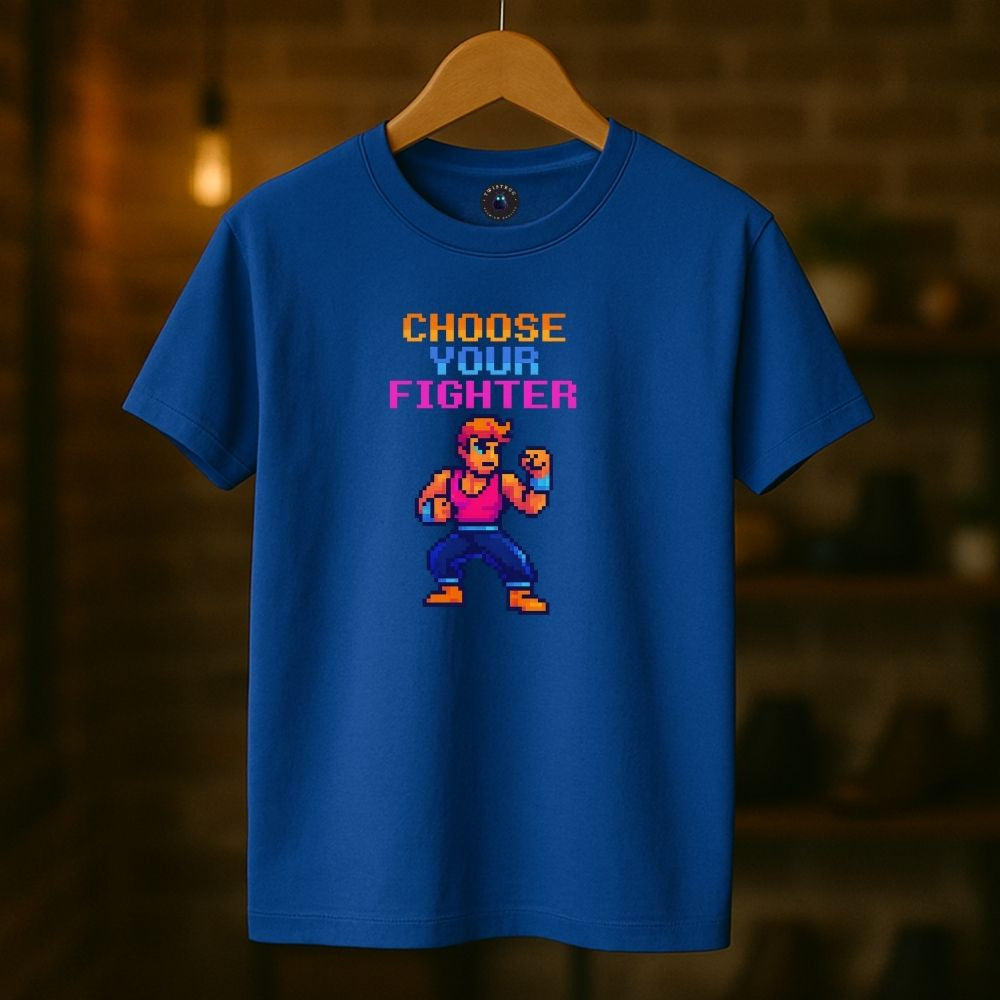 Royal blue “Choose Your Fighter” T-shirt on hanger, glowing ambient lighting, classic arcade energy.