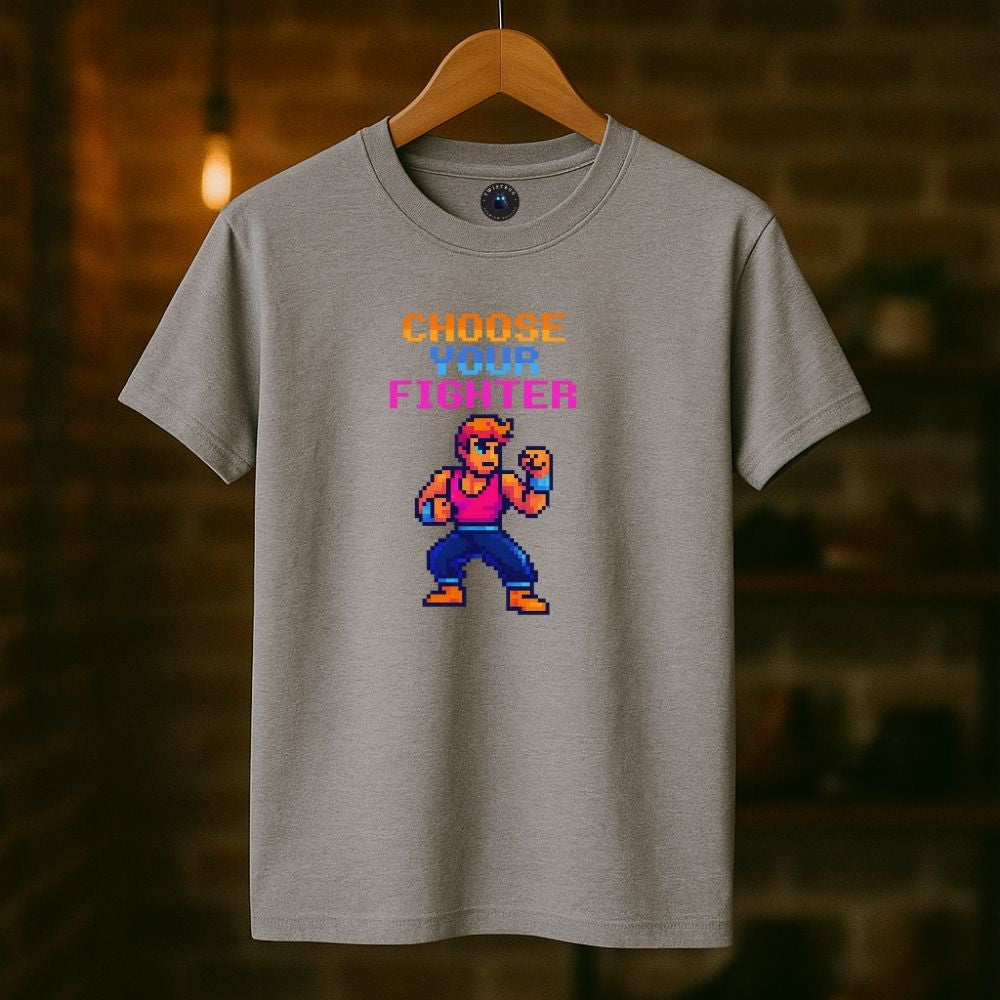 Sport gray “Choose Your Fighter” T-shirt on hanger, soft lighting, pixel fighter retro art.