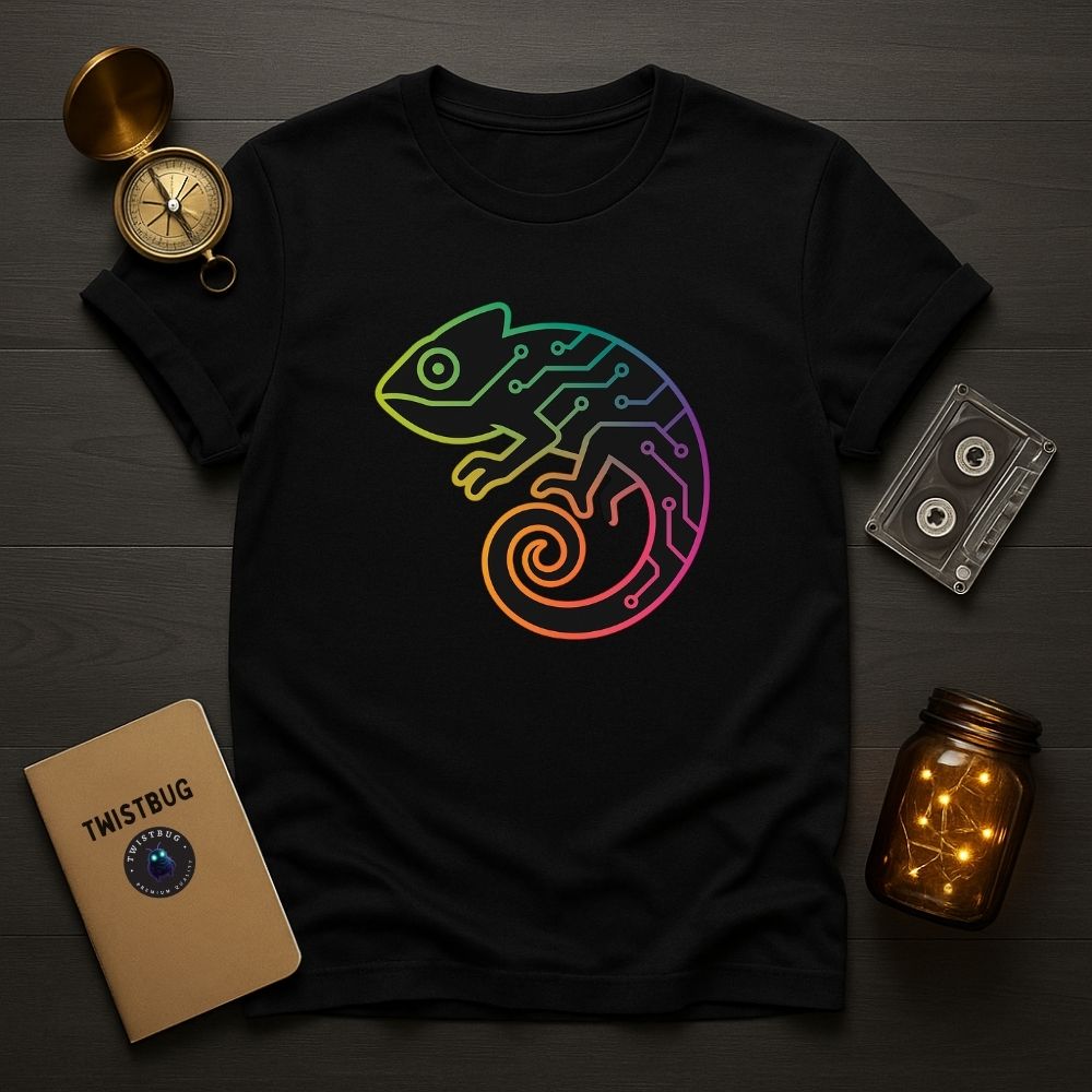 Black T-shirt with a neon rainbow circuit chameleon design, styled on a wooden background with compass, cassette, and notebook.