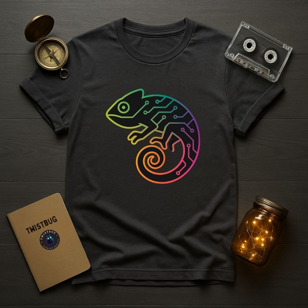 Charcoal gray T-shirt with glowing line-art chameleon design inspired by circuit boards and neon colors.