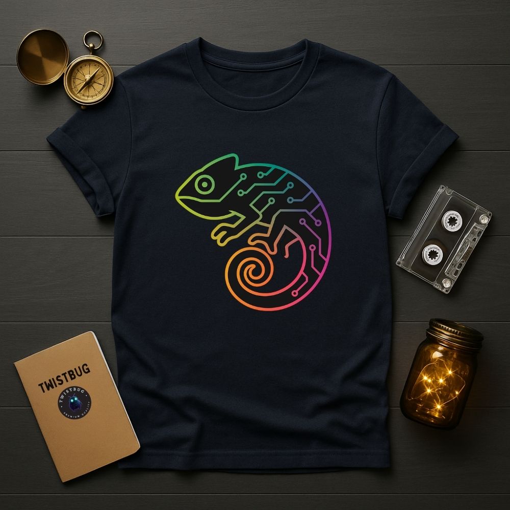 Navy blue T-shirt featuring a futuristic circuit chameleon in rainbow gradient, flat-lay with vintage accessories.