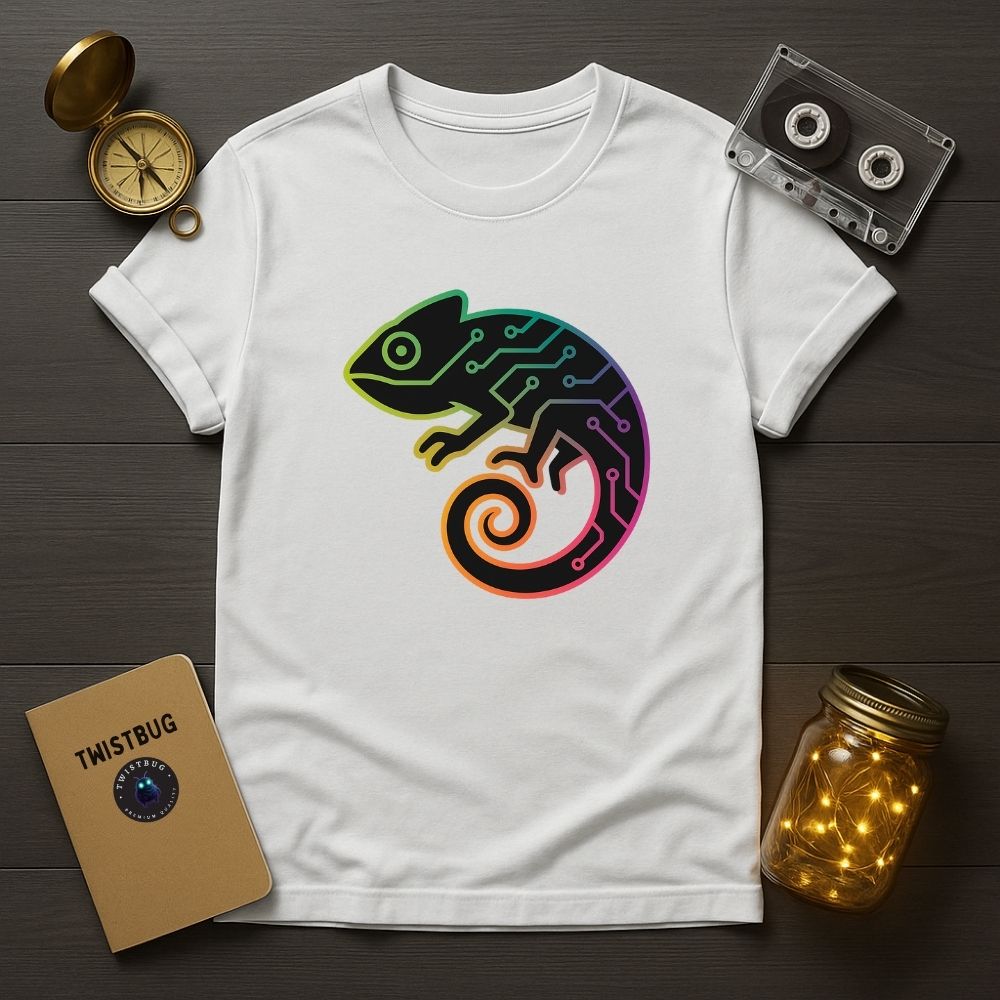 White T-shirt showing a colorful circuit chameleon graphic in rainbow hues, styled beside retro desk props.