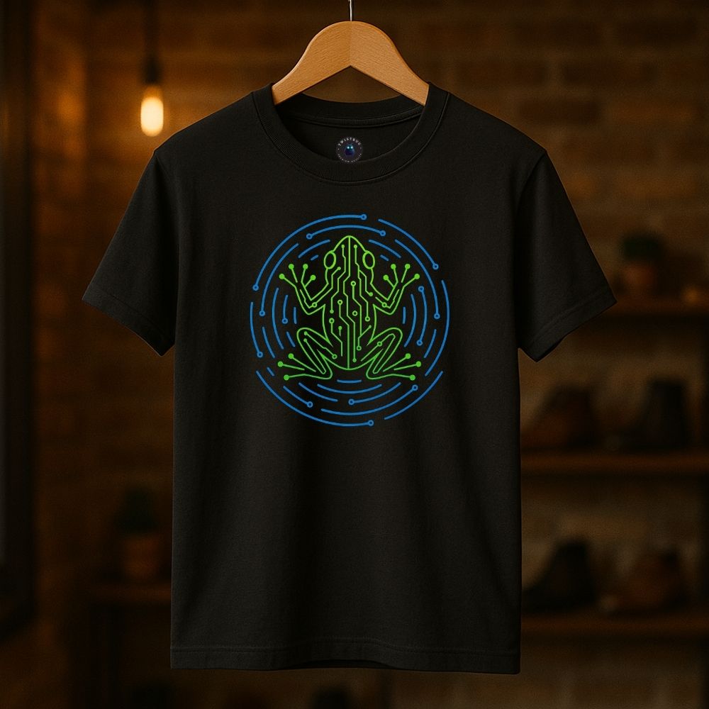 Black T-shirt on hanger with a neon green circuit frog and blue circuitry ring graphic by Twistbug, cozy shop backdrop.