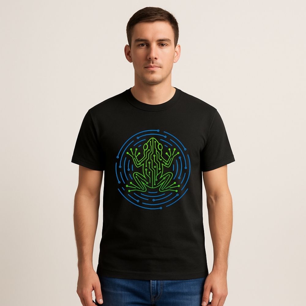 Man wearing a Twistbug black T-shirt showing a neon green circuit frog with a blue tech-circle, clean studio front view.