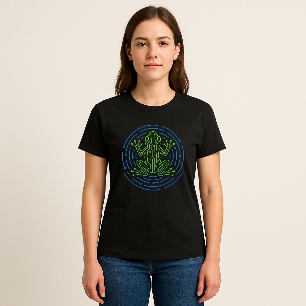 Woman wearing a Twistbug black T-shirt with a green circuit frog inside a blue circular circuitry pattern, studio front view