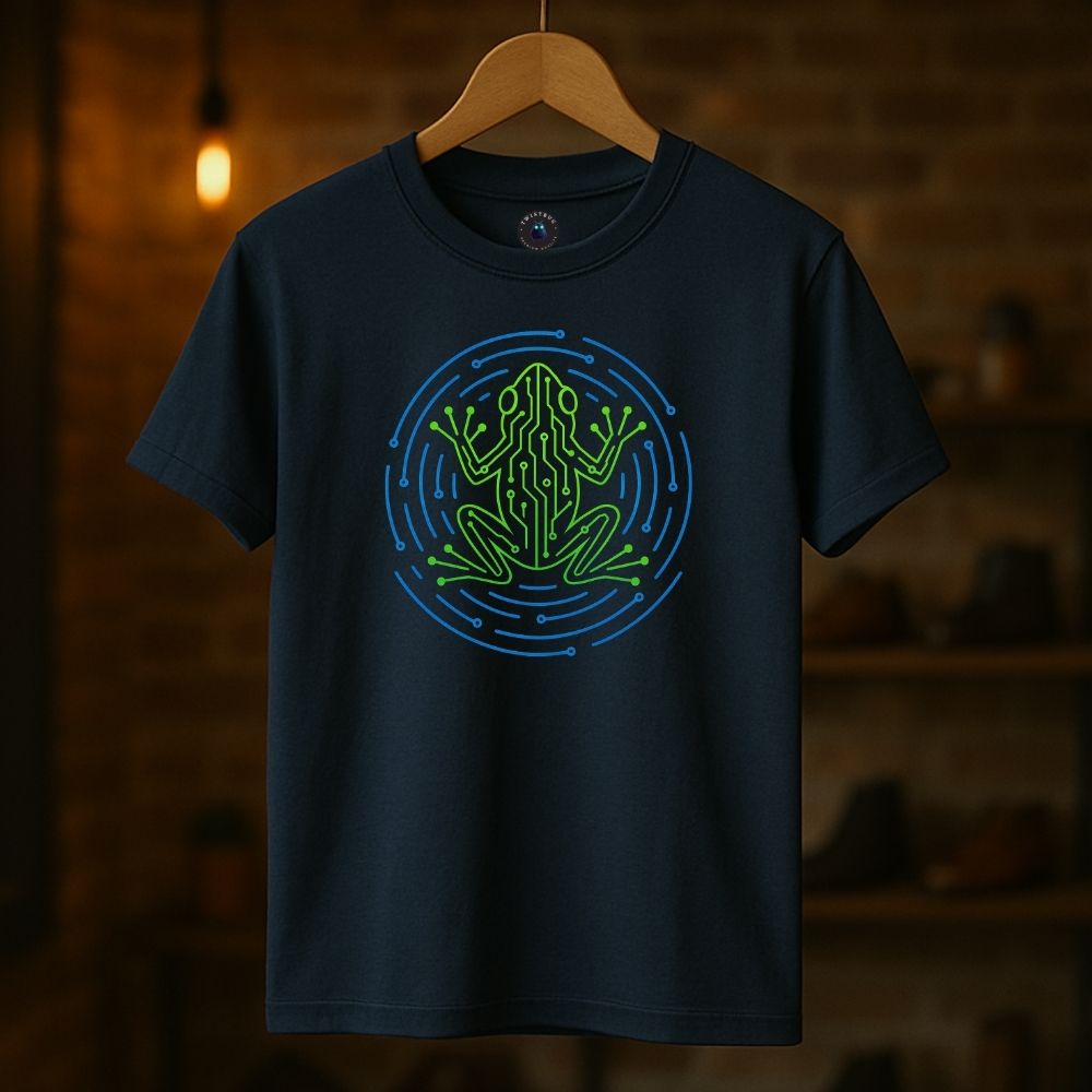 Navy T-shirt on hanger featuring a green circuit frog inside a blue tech-circle design by Twistbug, warm boutique background