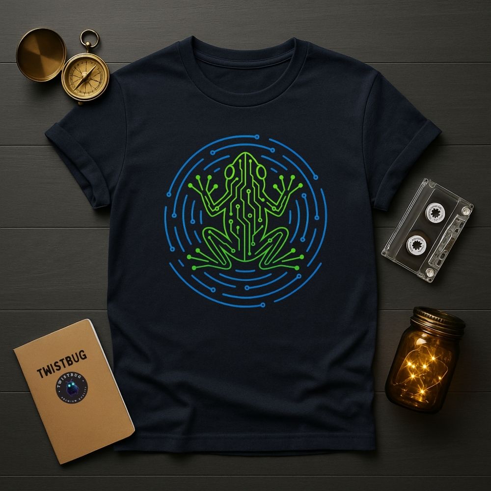 Navy blue futuristic frog T-shirt with glowing circuit pattern, nature-tech fusion artwork, clean flat lay composition.