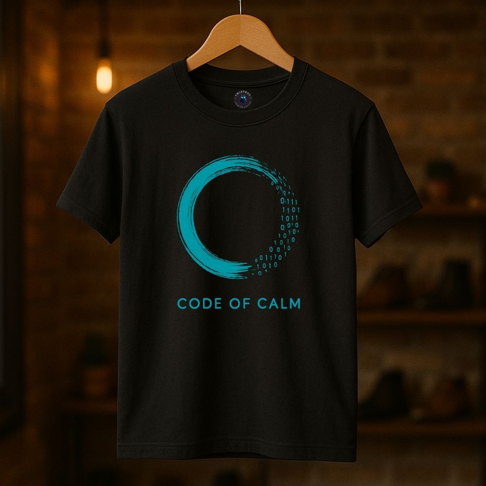 Black Twistbug T-shirt on hanger with “Code of Calm” text and teal digital zen circle graphic, soft boutique lighting.