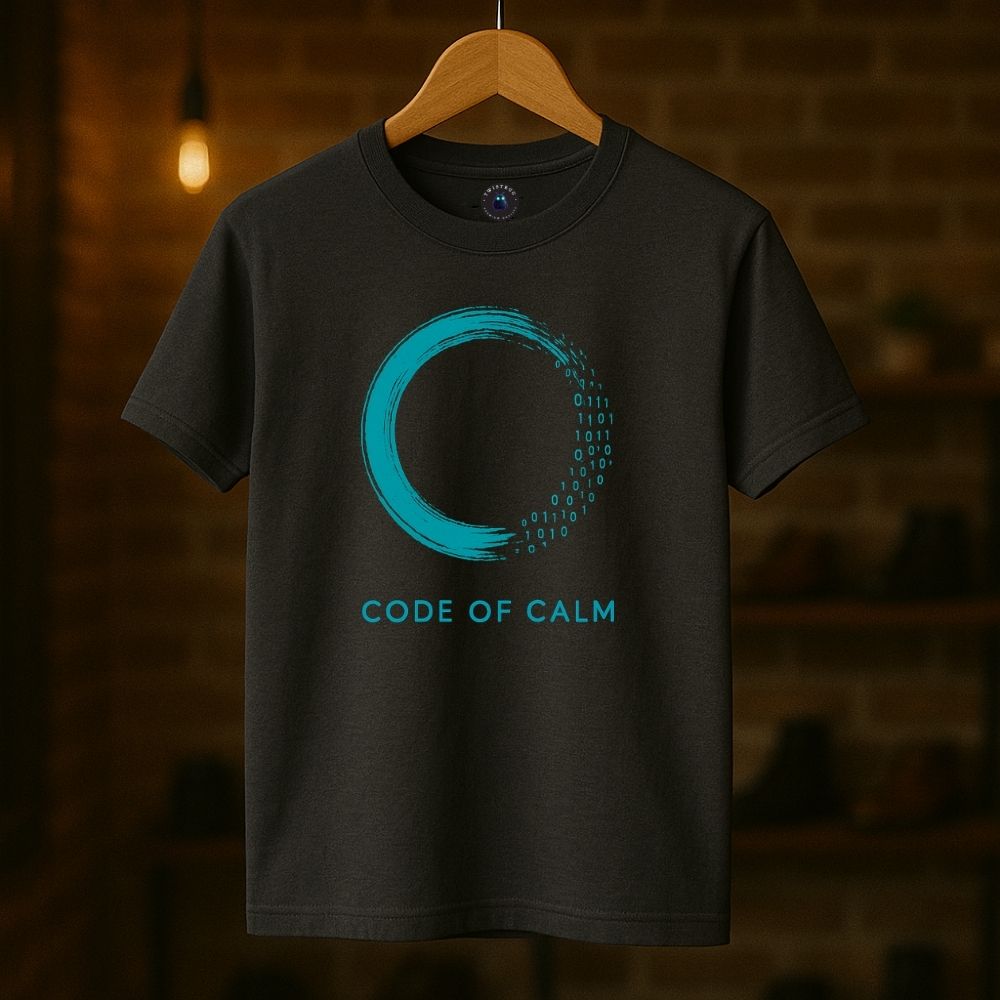 Charcoal gray T-shirt featuring teal brushstroke circle and “Code of Calm” text, hanging in boutique with warm lights.