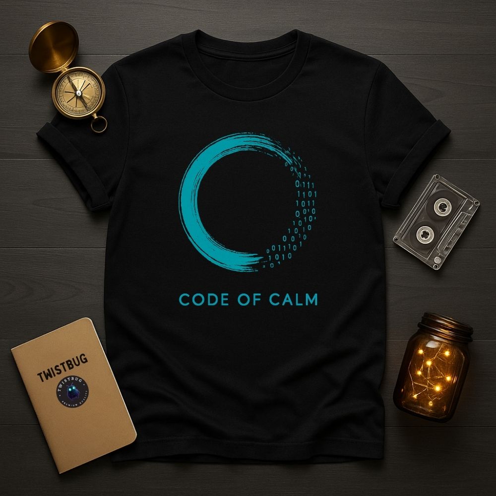 Black tee with teal zen enso and cascading binary — Code of Calm minimalist coder shirt.