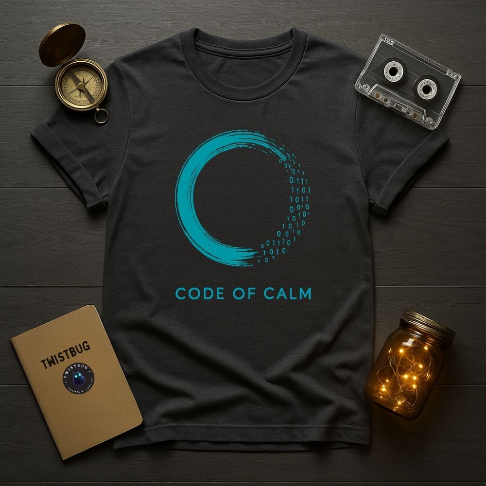 Charcoal tee with teal enso + binary fade — Code of Calm mindfulness for developers.