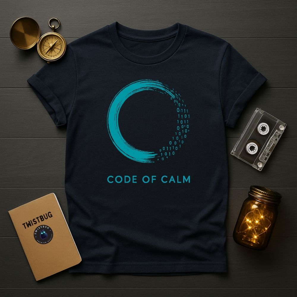 Navy t-shirt with teal zen enso and binary detail — Code of Calm by Twistbug.