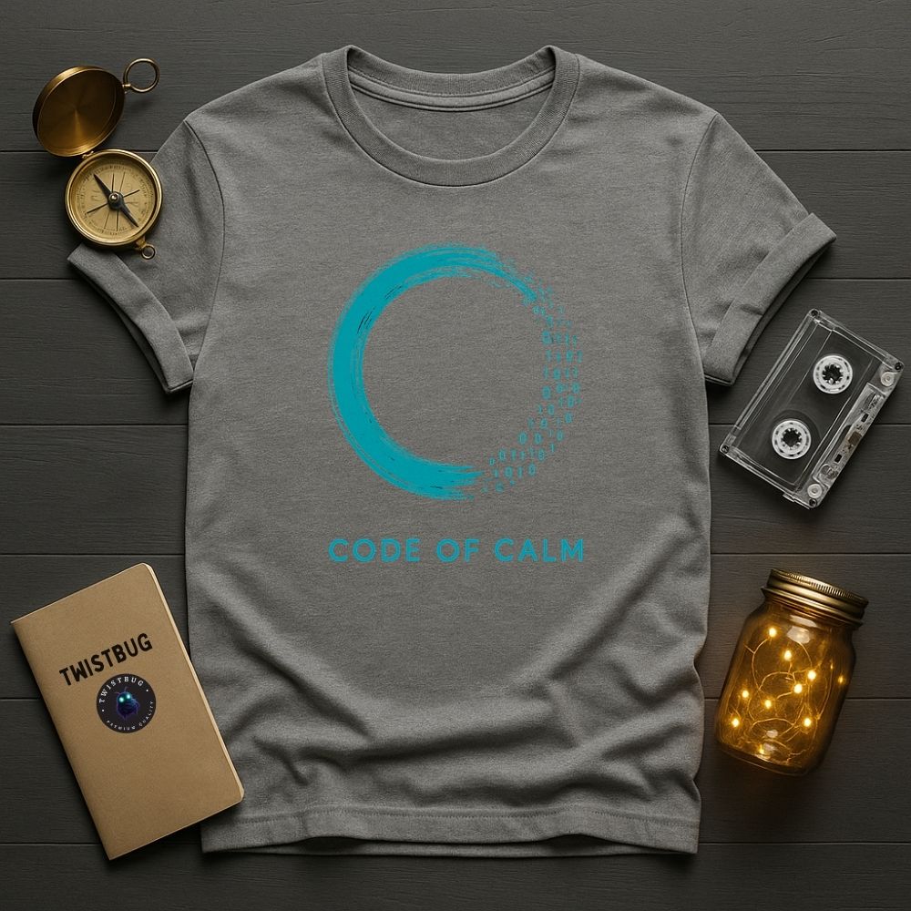 Sport grey t-shirt featuring teal enso ring dissolving into 0s and 1s — Code of Calm.
