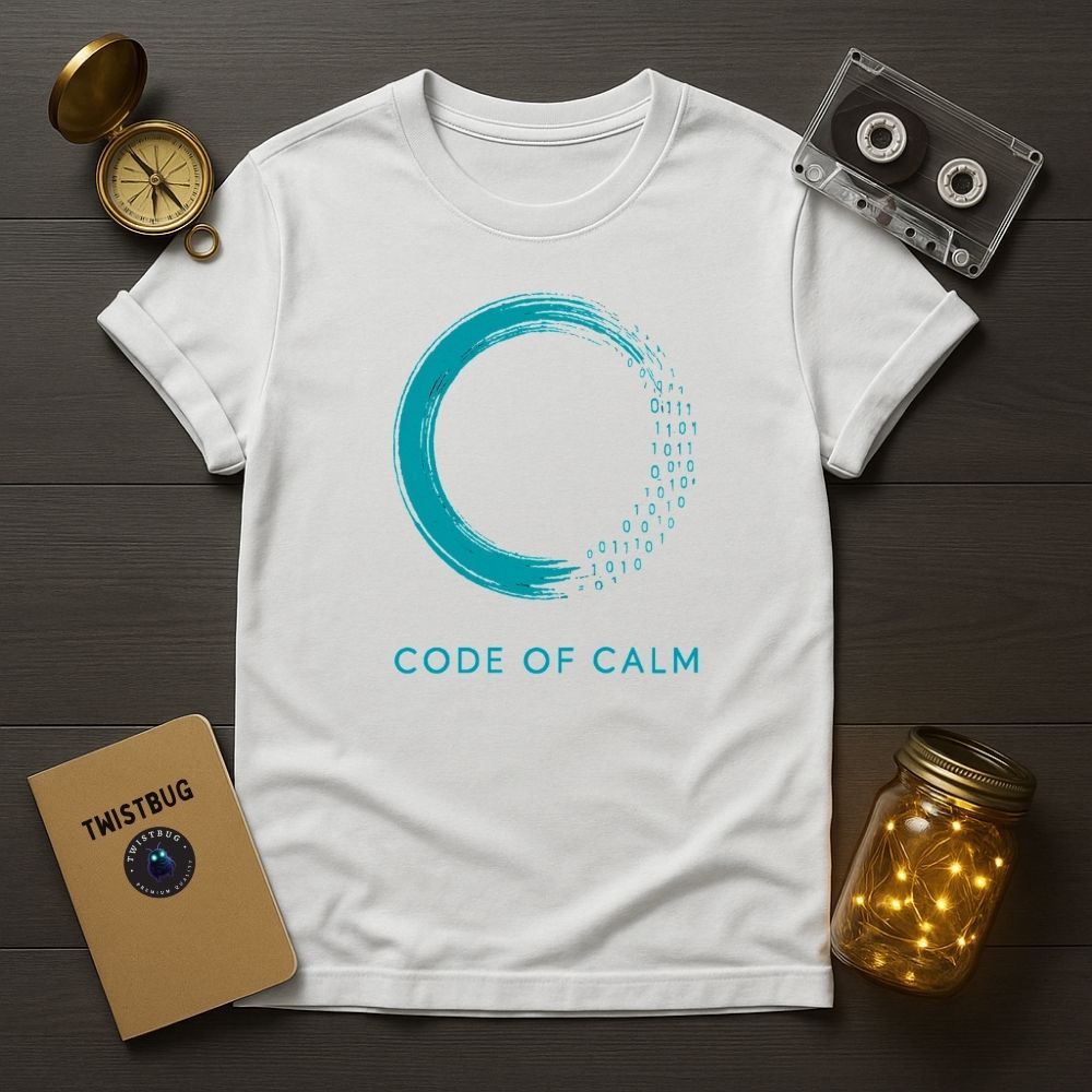 White t-shirt with teal enso circle fading into binary digits — Code of Calm design by Twistbug.