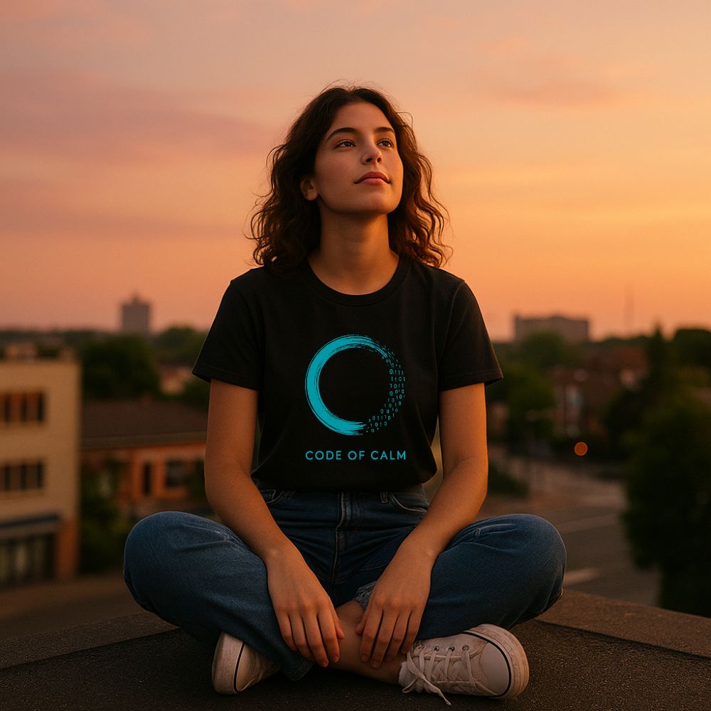 Woman sitting outdoors at sunset wearing black “Code of Calm” T-shirt featuring teal zen circle and binary design, relaxed pose.
