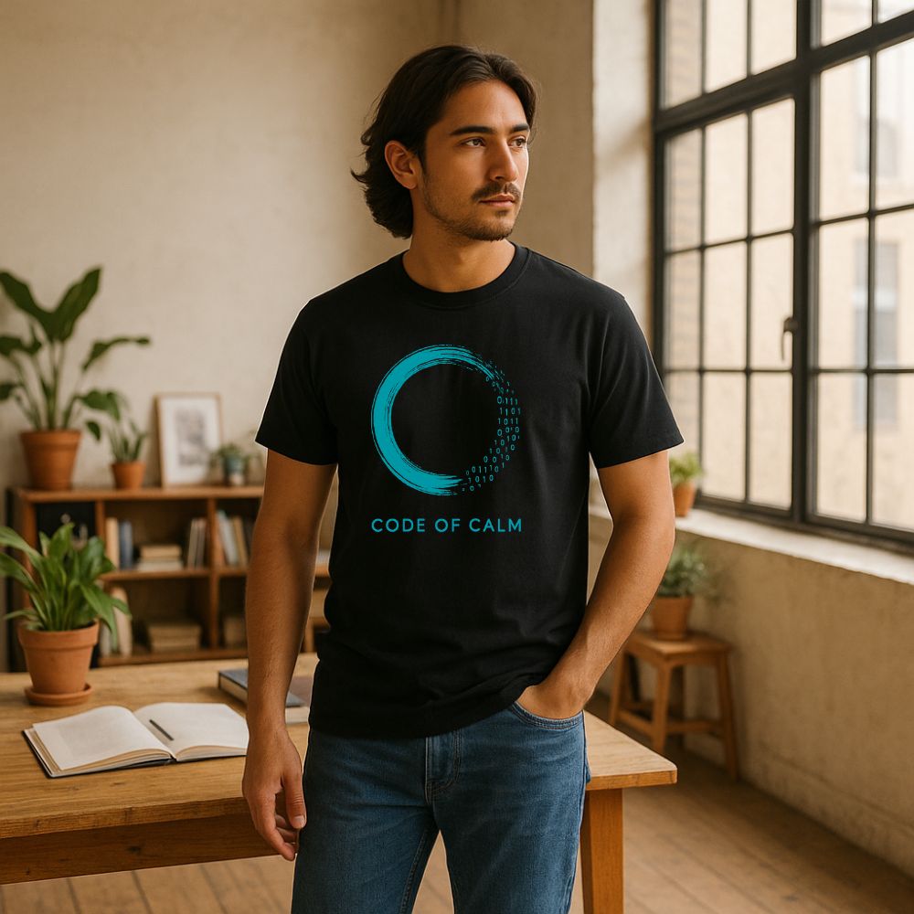 Man standing in bright minimalist room wearing black “Code of Calm” T-shirt with teal binary circle design, calm modern workspace.