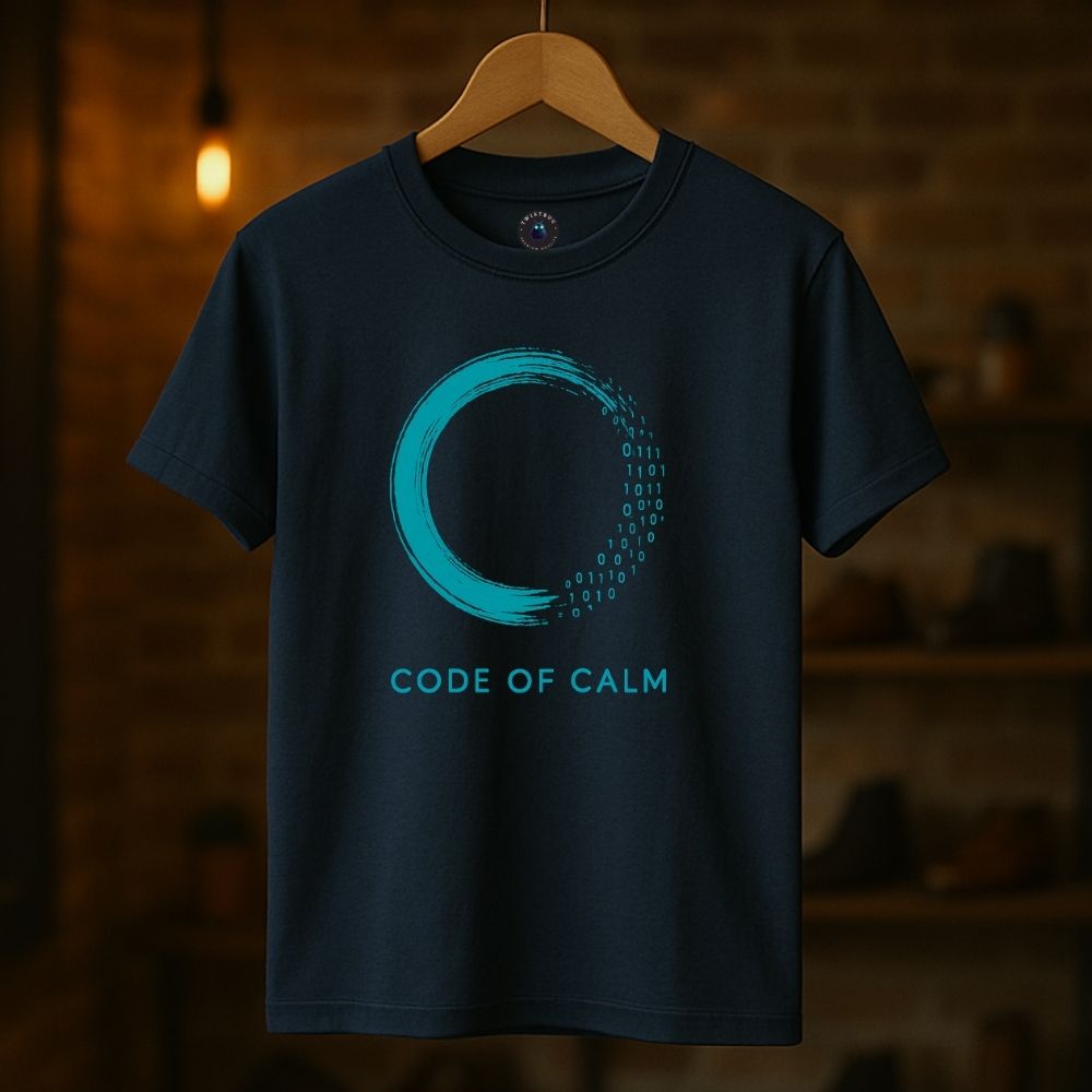 Navy “Code of Calm” T-shirt on wooden hanger with minimalist zen circle binary design, cozy interior lighting.