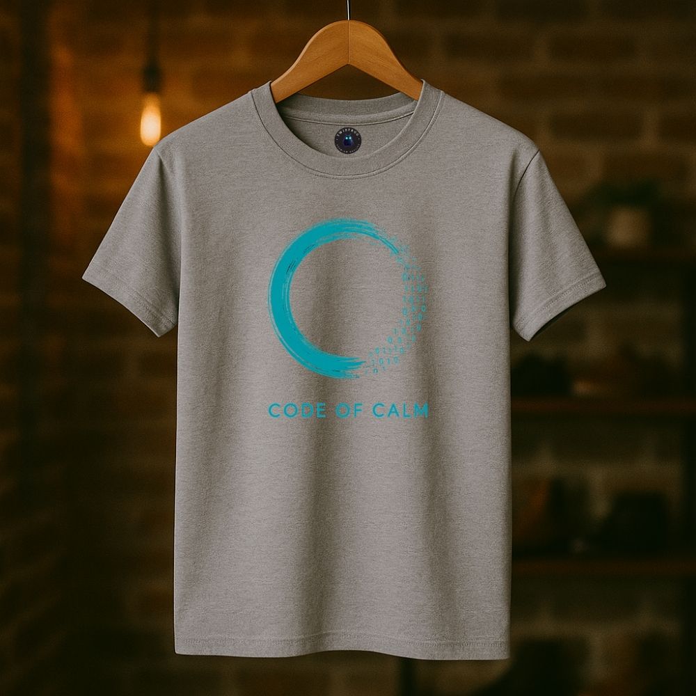 Sport gray “Code of Calm” T-shirt on hanger, minimalist techwear design with teal binary circle, softly lit background.