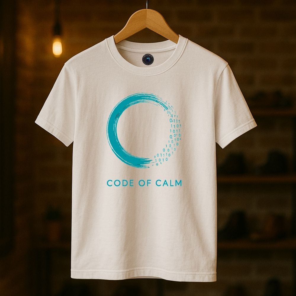 White “Code of Calm” T-shirt hanging in boutique showing teal brushstroke circle and binary-inspired design.