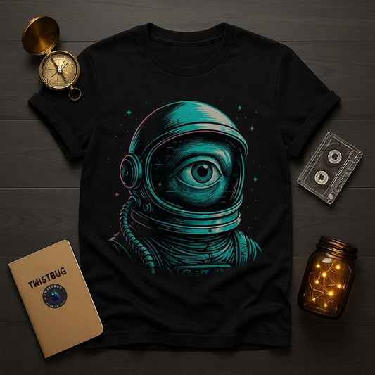 Black tee with neon cyclops astronaut portrait