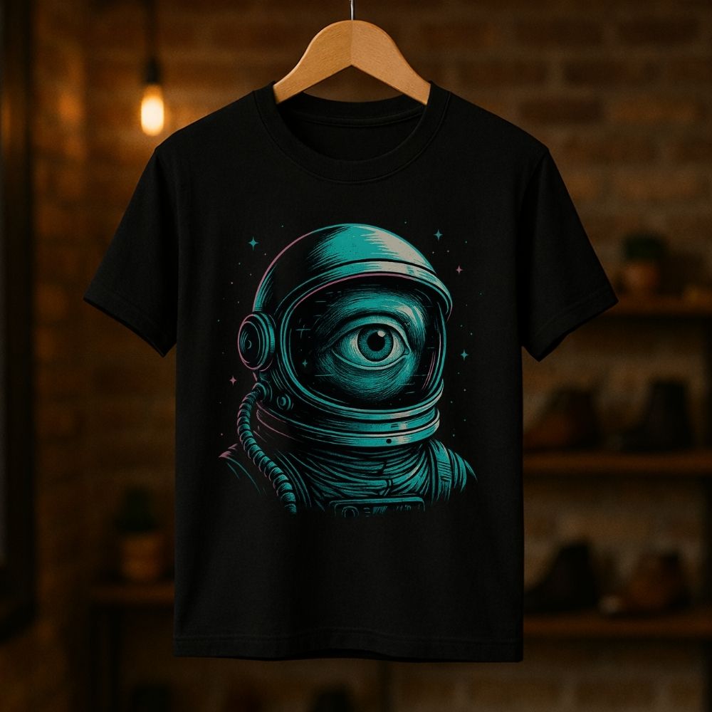 Black t-shirt with a surreal cosmic astronaut eye graphic in teal and magenta, sci-fi streetwear by Twistbug