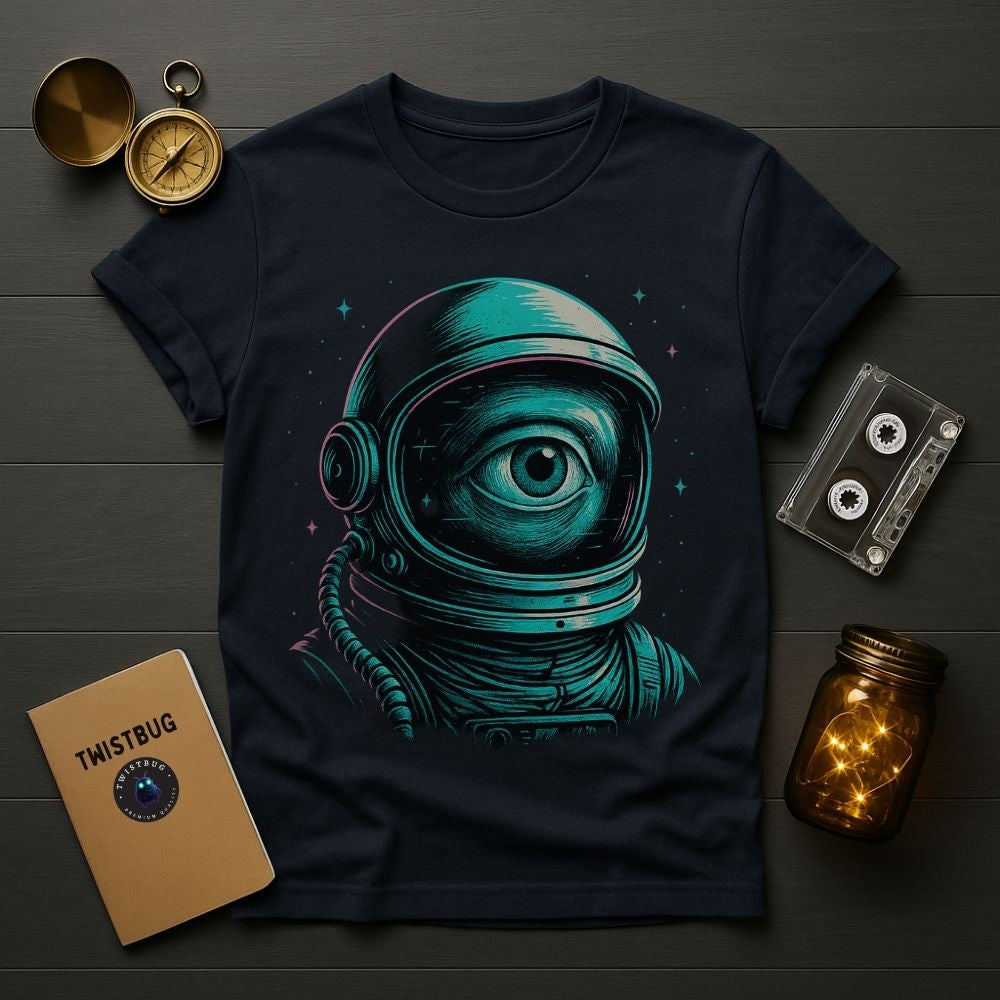 Navy T-shirt featuring one-eyed astronaut in teal highlights