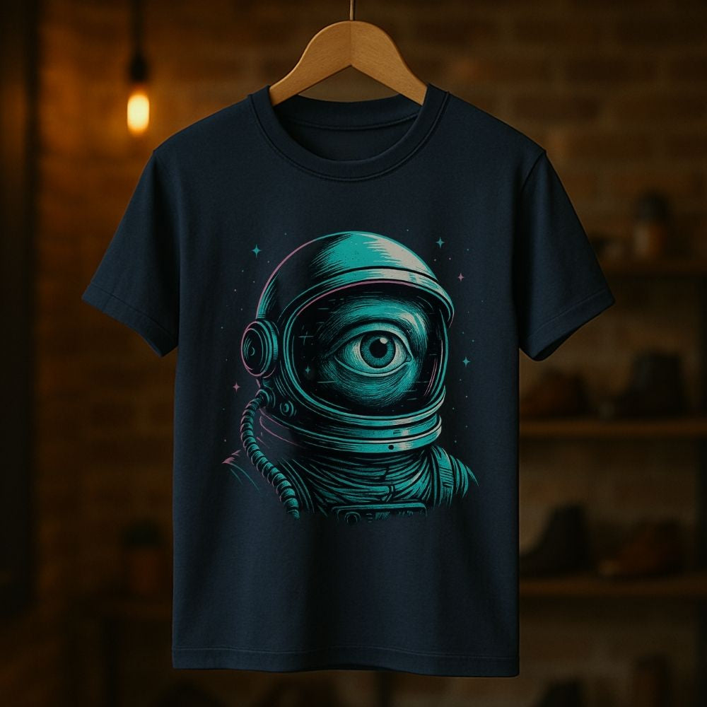 Navy blue t-shirt featuring a glowing astronaut helmet with a single eye, futuristic graphic tee by Twistbug
