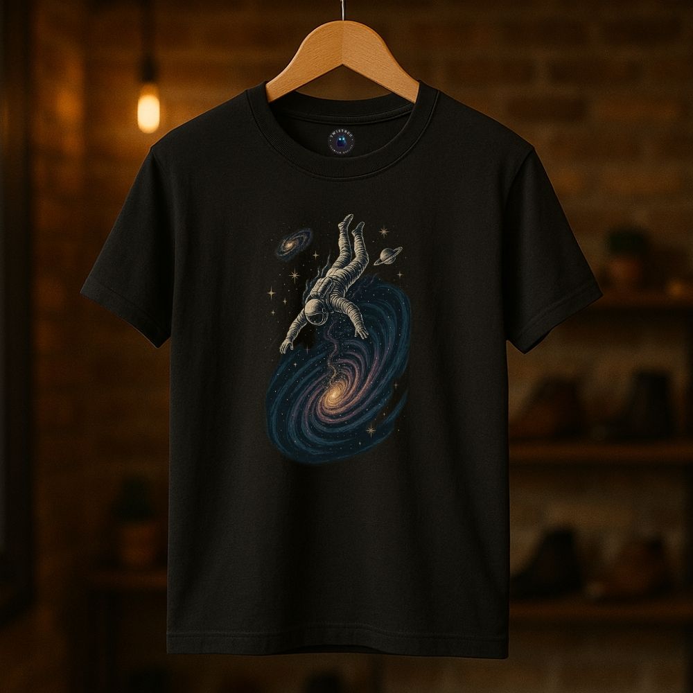 Black Twistbug t-shirt on hanger featuring astronaut diving into a glowing galaxy swirl, boutique lighting