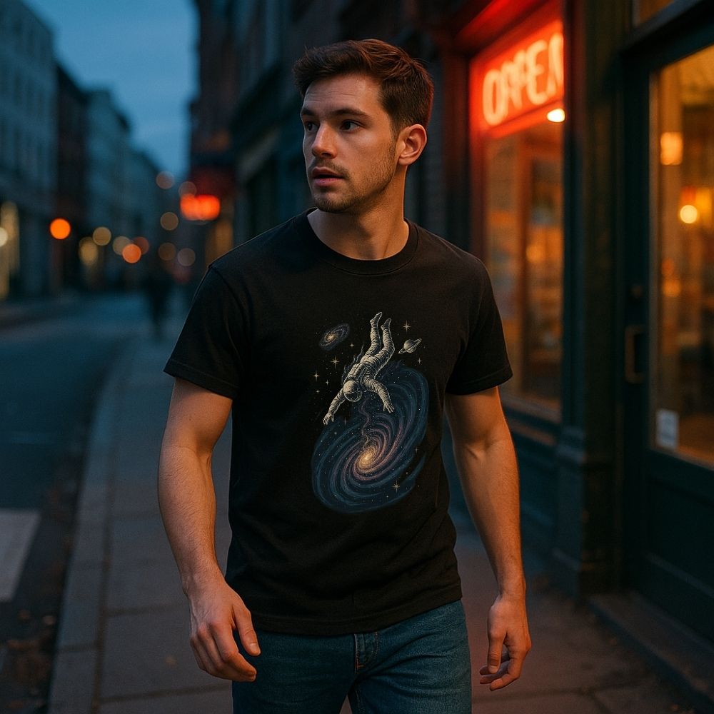 Man wearing Twistbug black t-shirt featuring an astronaut falling into a swirling galaxy, walking on a city street at night