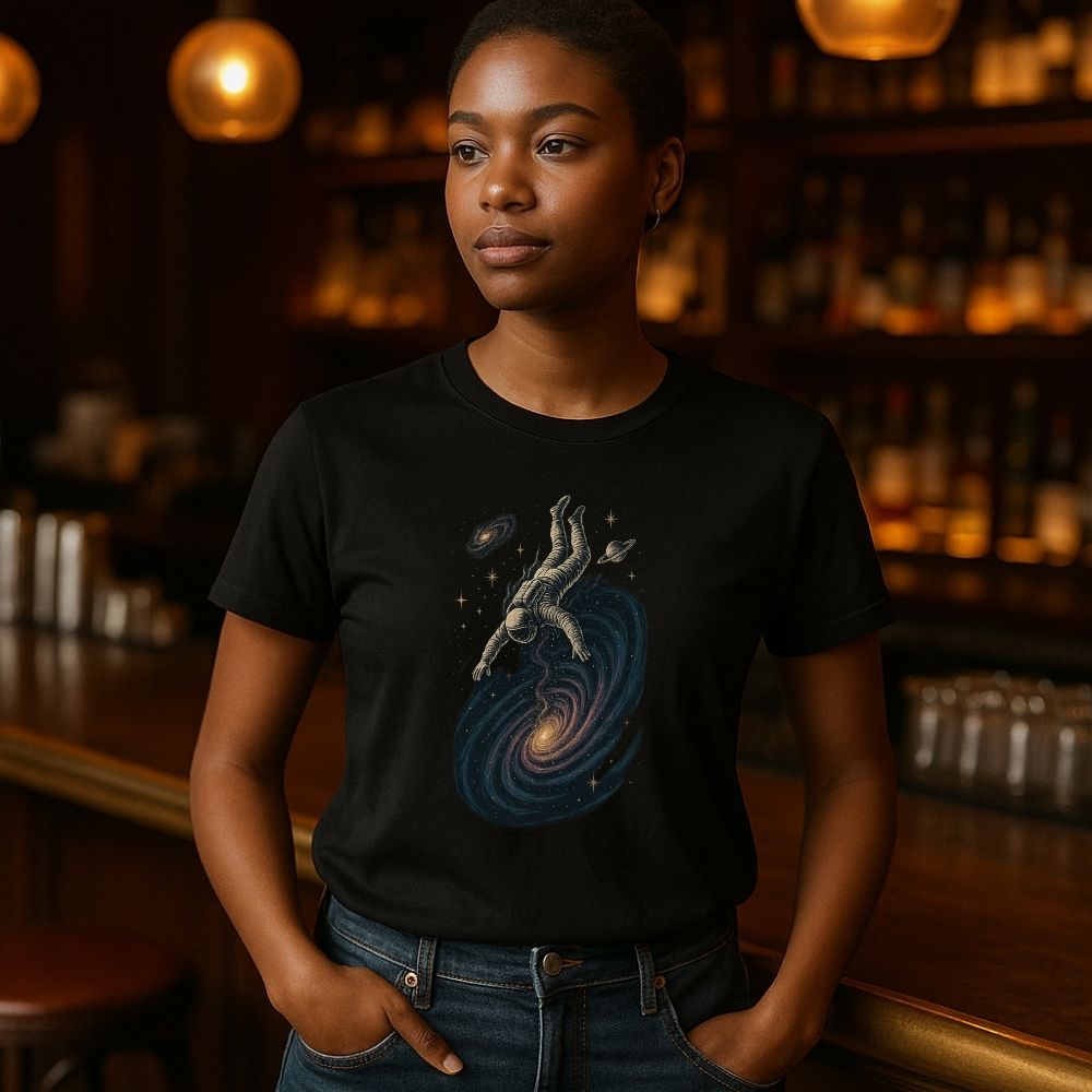 Woman wearing Twistbug black t-shirt with astronaut diving into galaxy design, standing in a warm-lit bar lounge.