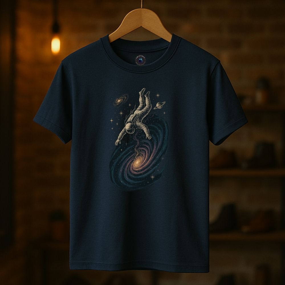 Navy Twistbug t-shirt on hanger displaying an astronaut drifting into a spiral galaxy design, cozy boutique backdrop
