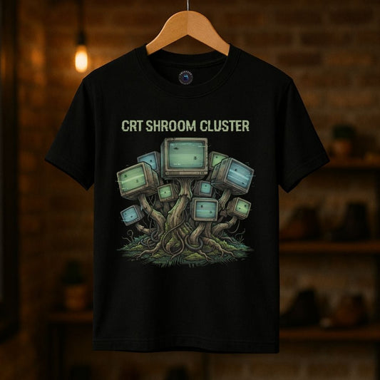 Hanging black t-shirt with CRT Shroom Cluster graphic in warm studio lighting, surreal tech nature style