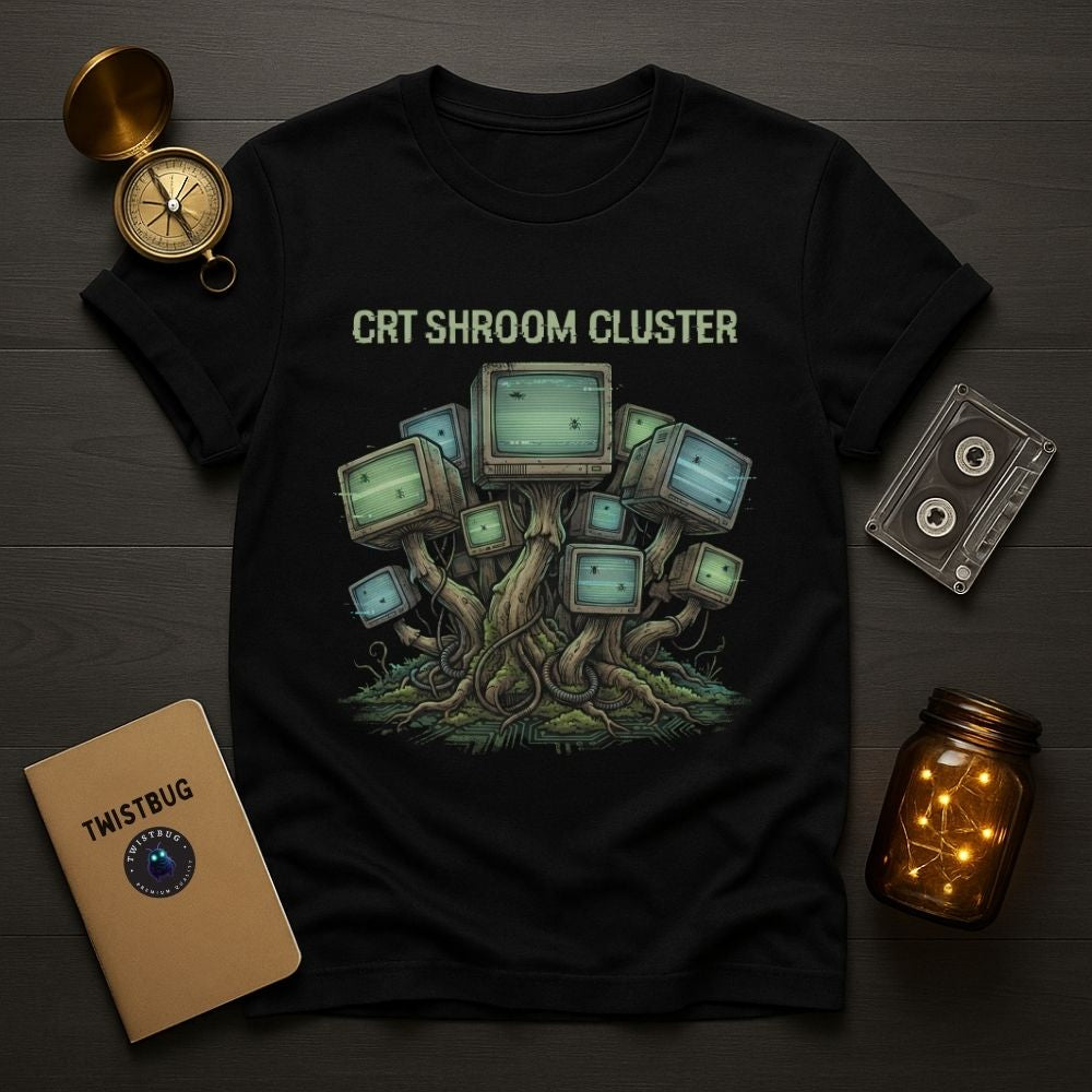 Black t-shirt featuring the CRT Shroom Cluster design with vintage monitors growing like mushrooms, surreal retro tech artwork by Twistbug