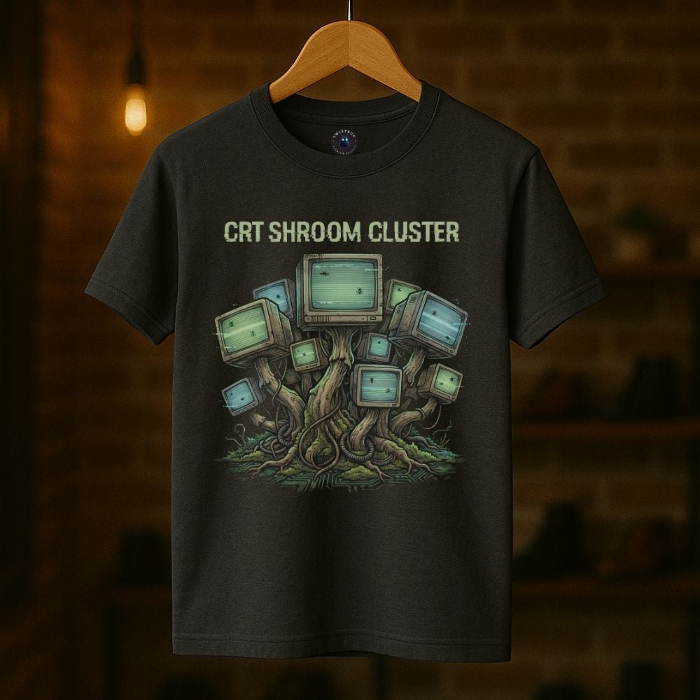 Charcoal t-shirt hanging on wooden hanger with CRT Shroom Cluster retro technology artwork