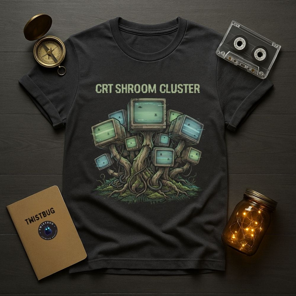 Charcoal gray t-shirt with CRT Shroom Cluster graphic, surreal analog technology tree illustration