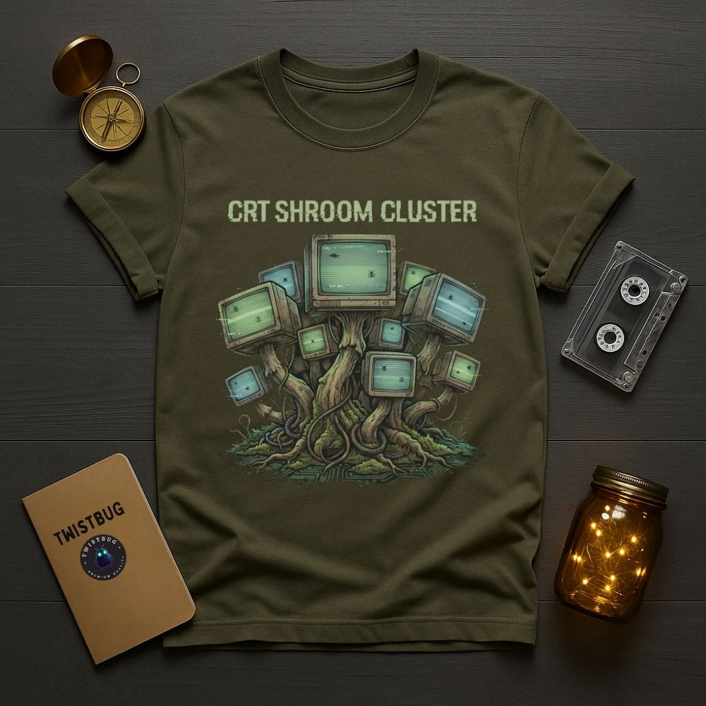 Military green t-shirt showing CRT Shroom Cluster artwork, retro CRT monitors fused with organic roots