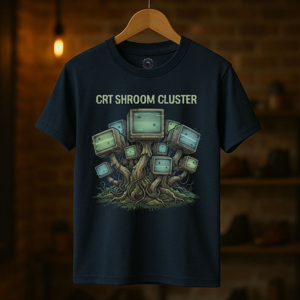 Navy hanging t-shirt featuring CRT Shroom Cluster design, analog nature and vintage screen aesthetic
