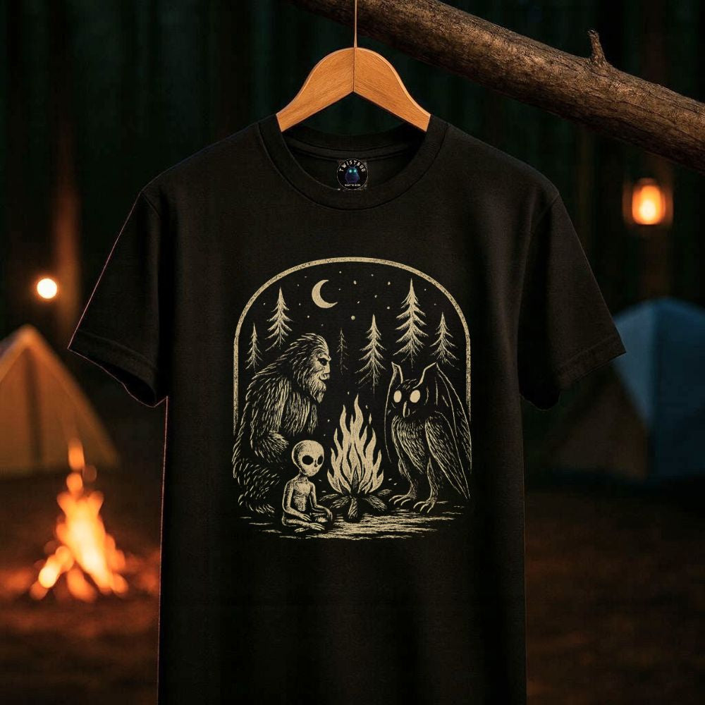 Black T-shirt featuring a campfire scene with Bigfoot, an alien, and a mothman illustration, hanging in a forest campsite setting