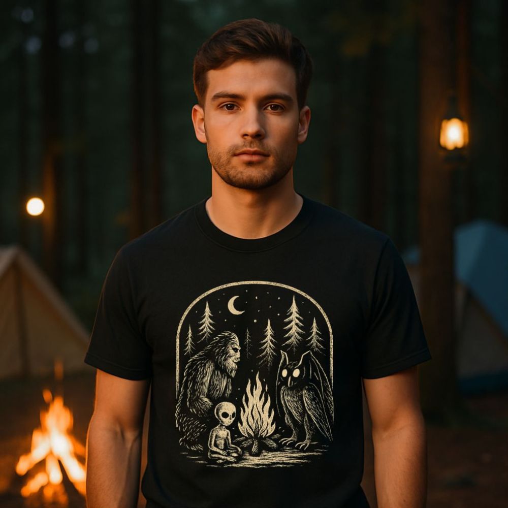 Man standing in a forest campsite wearing a black cryptid campfire T-shirt featuring Bigfoot, alien, and mothman illustration.